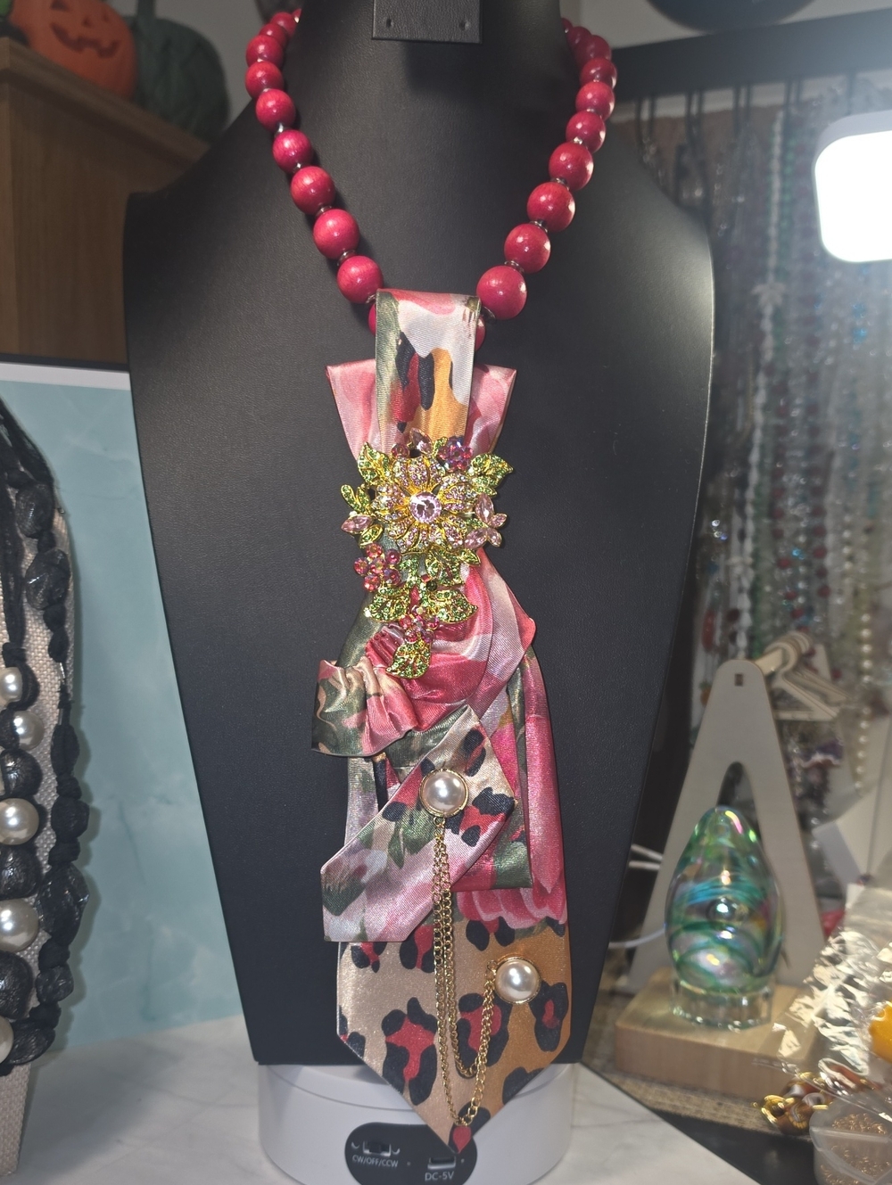 Fuchsia Beaded Necklace with Pink Floral Brooch and Satin Scarf